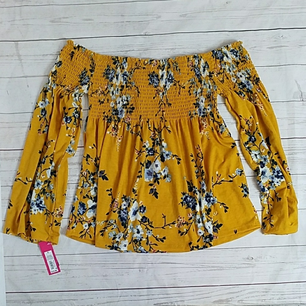 Small Yellow Boho Floral Open Shoulder Top New - Picture 2 of 3
